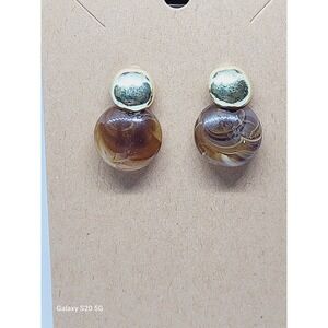 Gold Tone Brown Marbled Resin Drop Post Earrings Vintage Style Round Studs